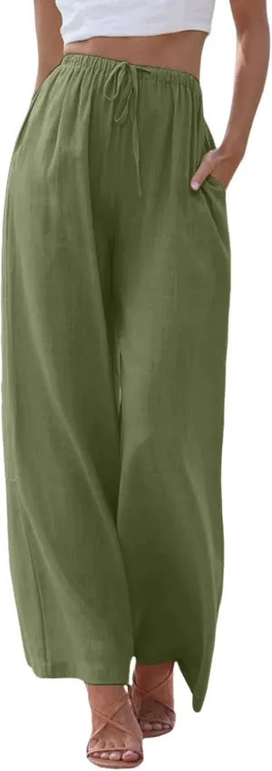 Women Cotton Linen Pants Wide Leg High Waist Flowy Summer Drawstring Pant Trouser Casual Lounge Beach Travel Vacation Clothes