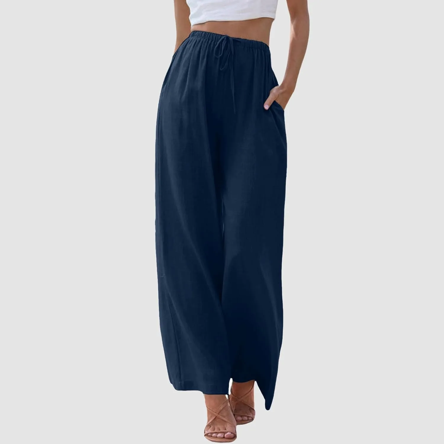 Women Cotton Linen Pants Wide Leg High Waist Flowy Summer Drawstring Pant Trouser Casual Lounge Beach Travel Vacation Clothes