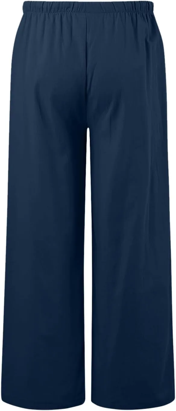 Women Cotton Linen Pants Wide Leg High Waist Flowy Summer Drawstring Pant Trouser Casual Lounge Beach Travel Vacation Clothes