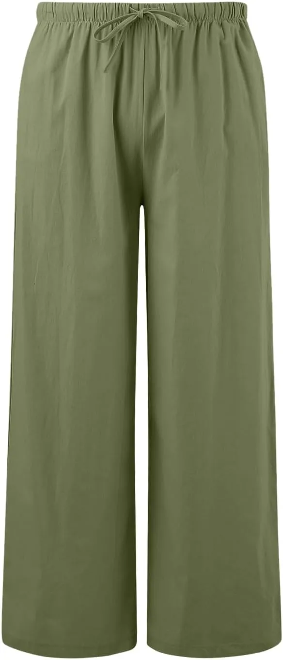 Women Cotton Linen Pants Wide Leg High Waist Flowy Summer Drawstring Pant Trouser Casual Lounge Beach Travel Vacation Clothes