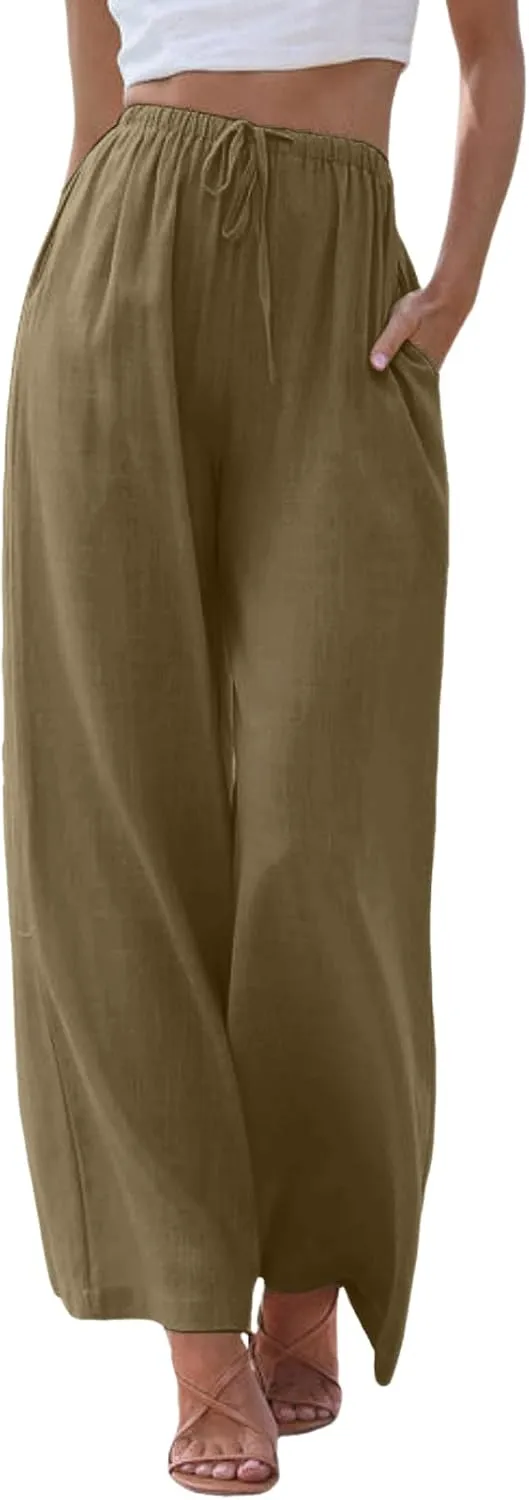 Women Cotton Linen Pants Wide Leg High Waist Flowy Summer Drawstring Pant Trouser Casual Lounge Beach Travel Vacation Clothes