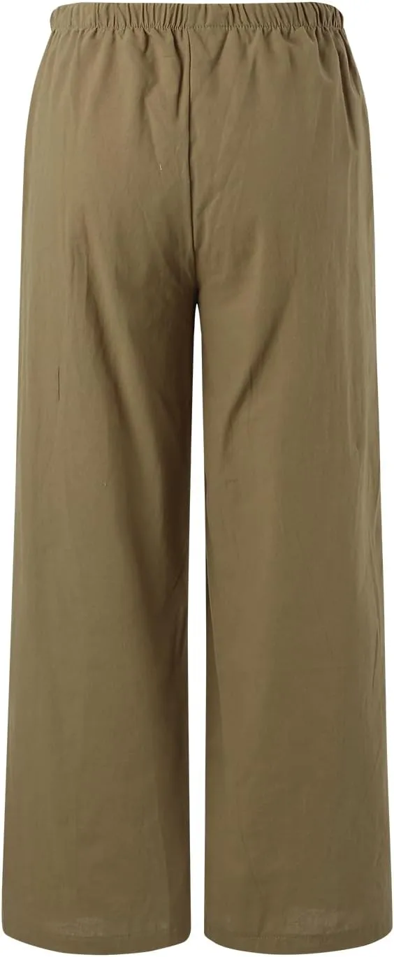 Women Cotton Linen Pants Wide Leg High Waist Flowy Summer Drawstring Pant Trouser Casual Lounge Beach Travel Vacation Clothes