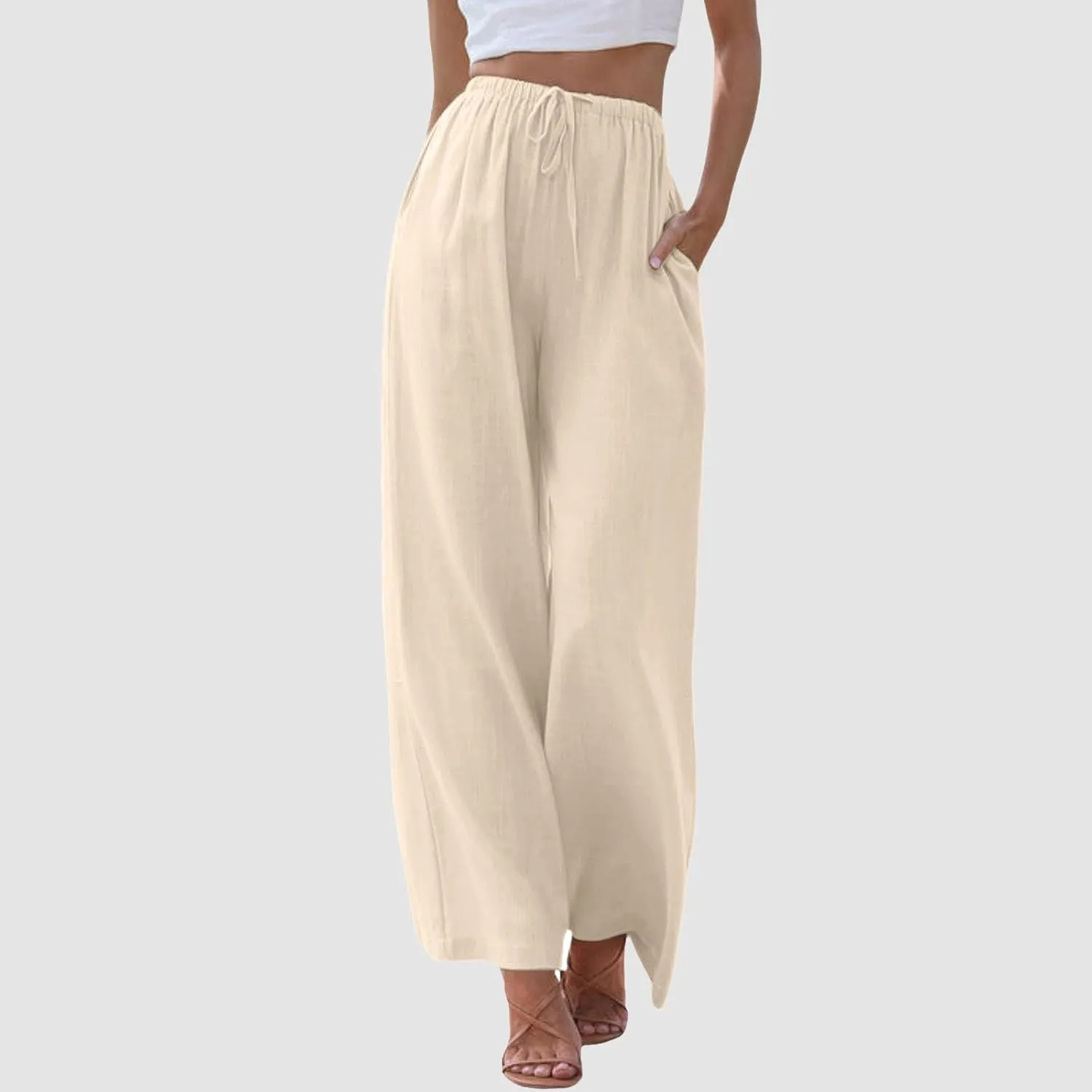 Women Cotton Linen Pants Wide Leg High Waist Flowy Summer Drawstring Pant Trouser Casual Lounge Beach Travel Vacation Clothes
