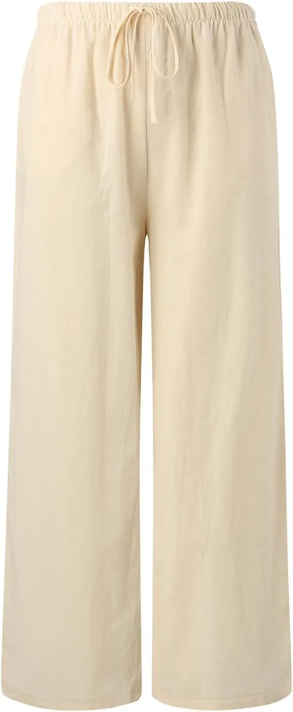 Women Cotton Linen Pants Wide Leg High Waist Flowy Summer Drawstring Pant Trouser Casual Lounge Beach Travel Vacation Clothes