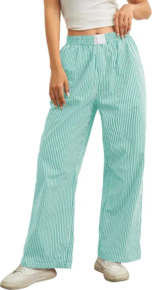 Women Elastic Waist Striped Pants Y2K Wide Leg Striped Print Trousers Low Waist Striped Lounge Pants with Pockets