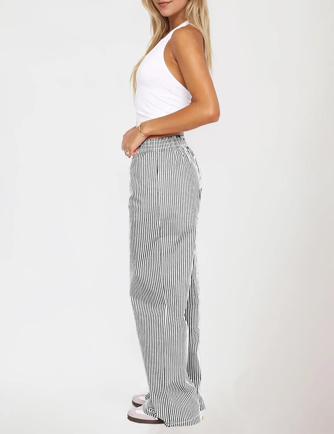 Women Elastic Waist Striped Pants Y2K Wide Leg Striped Print Trousers Low Waist Striped Lounge Pants with Pockets
