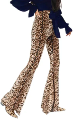 Women Leopard Print High Waist Flare Pants Lady Floor-Length Bell Bottom Autumn Winter Wide Leg Trousers