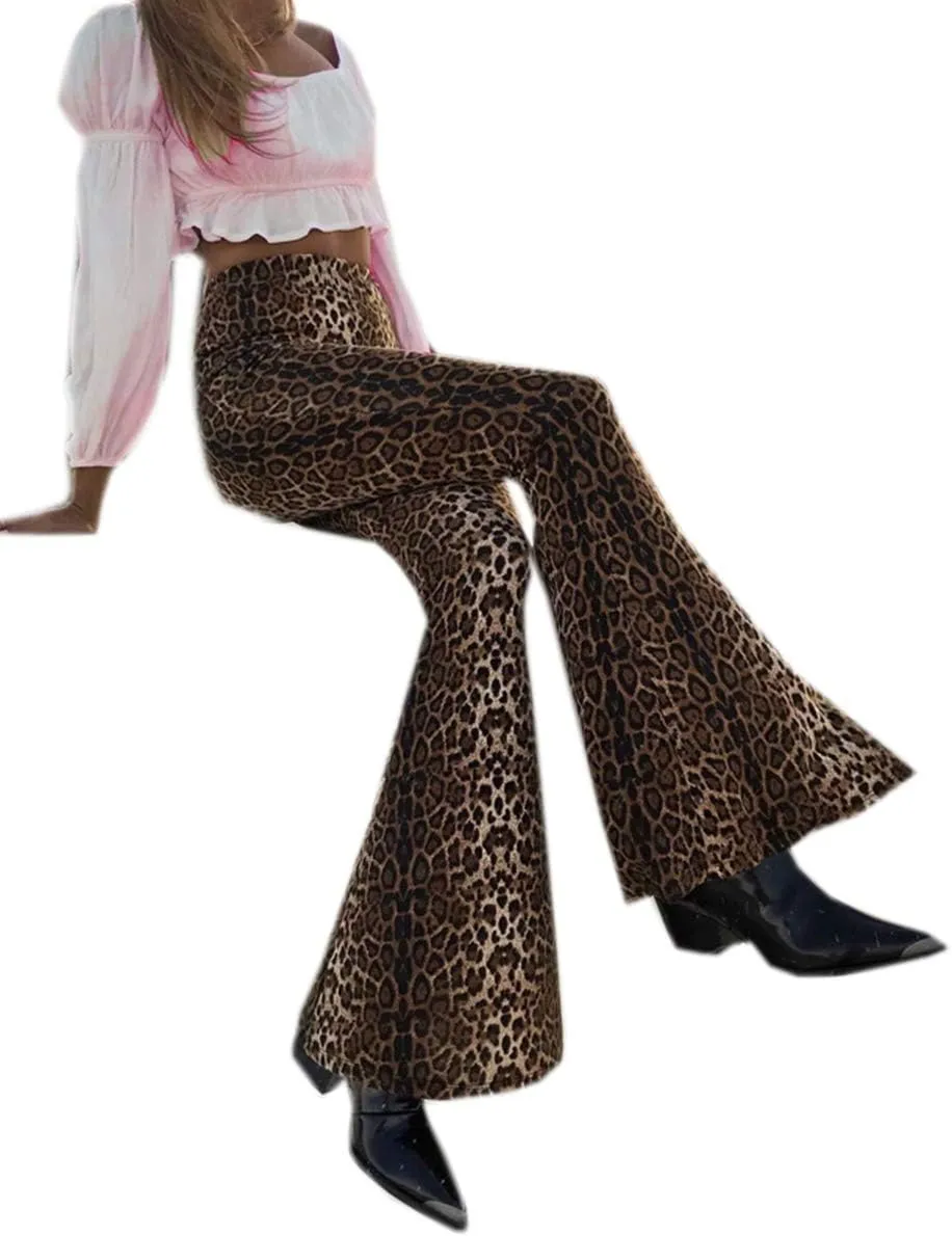 Women Leopard Print High Waist Flare Pants Lady Floor-Length Bell Bottom Autumn Winter Wide Leg Trousers