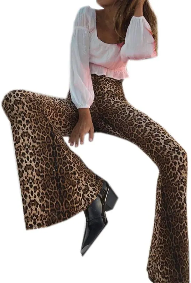 Women Leopard Print High Waist Flare Pants Lady Floor-Length Bell Bottom Autumn Winter Wide Leg Trousers