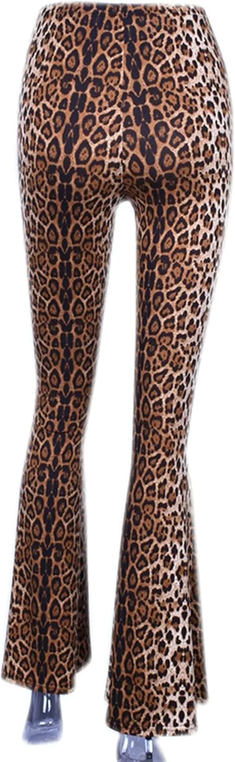 Women Leopard Print High Waist Flare Pants Lady Floor-Length Bell Bottom Autumn Winter Wide Leg Trousers