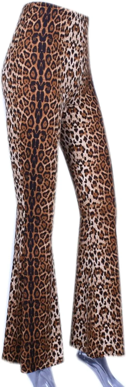 Women Leopard Print High Waist Flare Pants Lady Floor-Length Bell Bottom Autumn Winter Wide Leg Trousers
