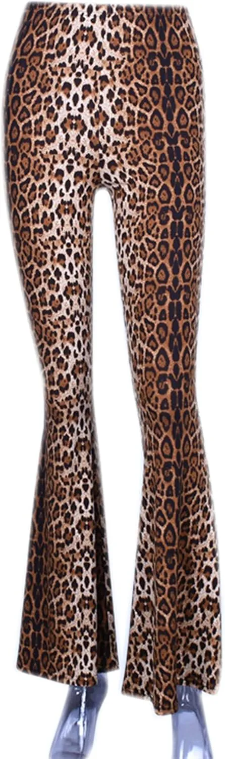 Women Leopard Print High Waist Flare Pants Lady Floor-Length Bell Bottom Autumn Winter Wide Leg Trousers