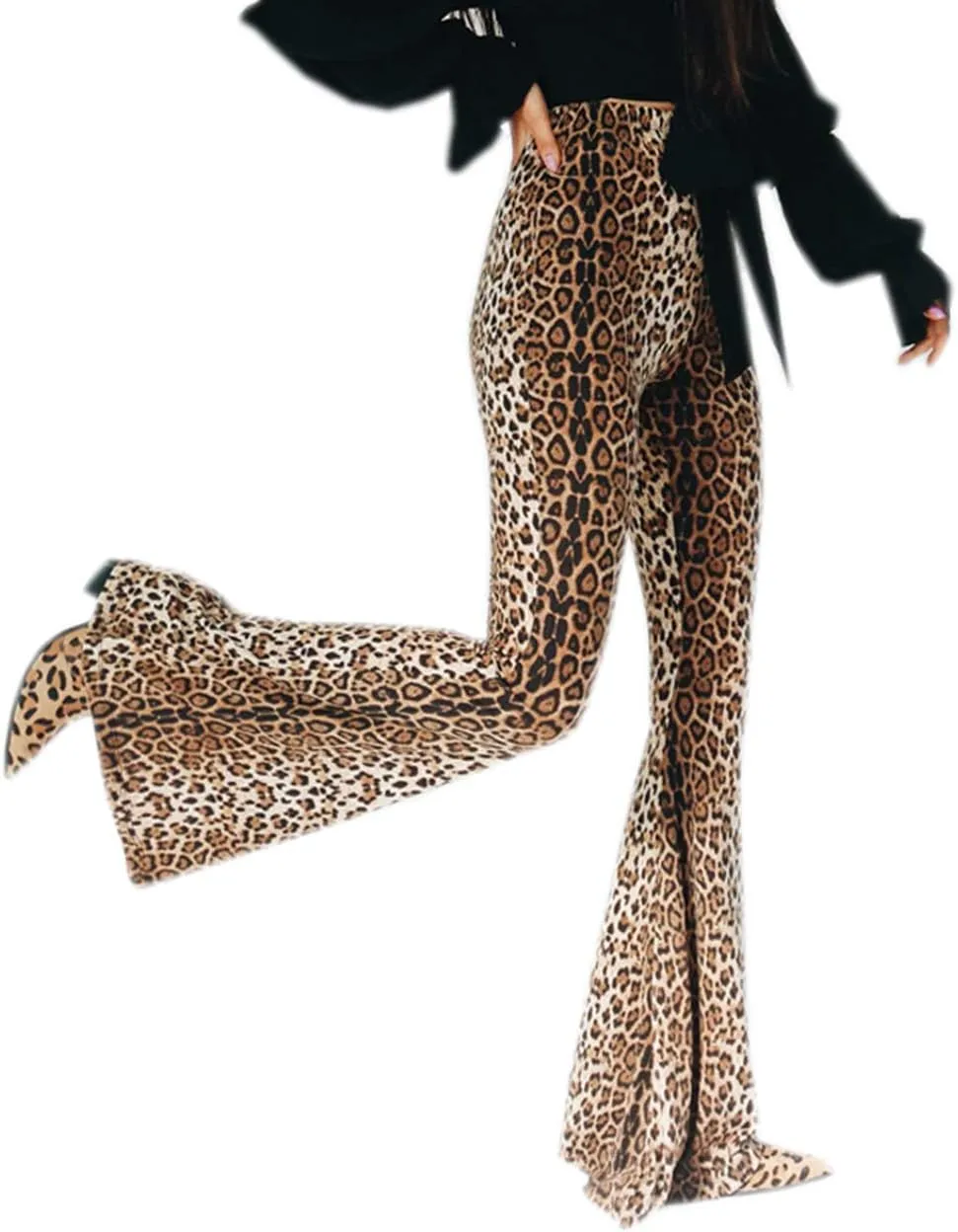 Women Leopard Print High Waist Flare Pants Lady Floor-Length Bell Bottom Autumn Winter Wide Leg Trousers