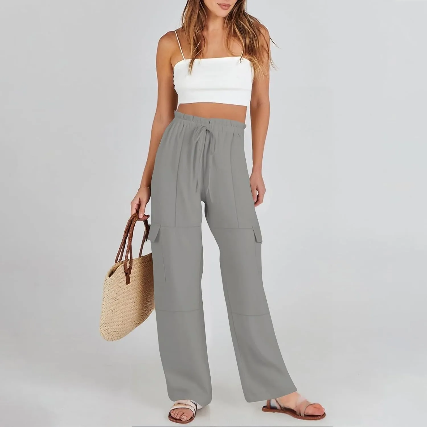Women Linen Cargo Pants Casual Summer Elastic Waist Palazzo Pants Flowy Beach Trousers with Pockets Vacation Outfits