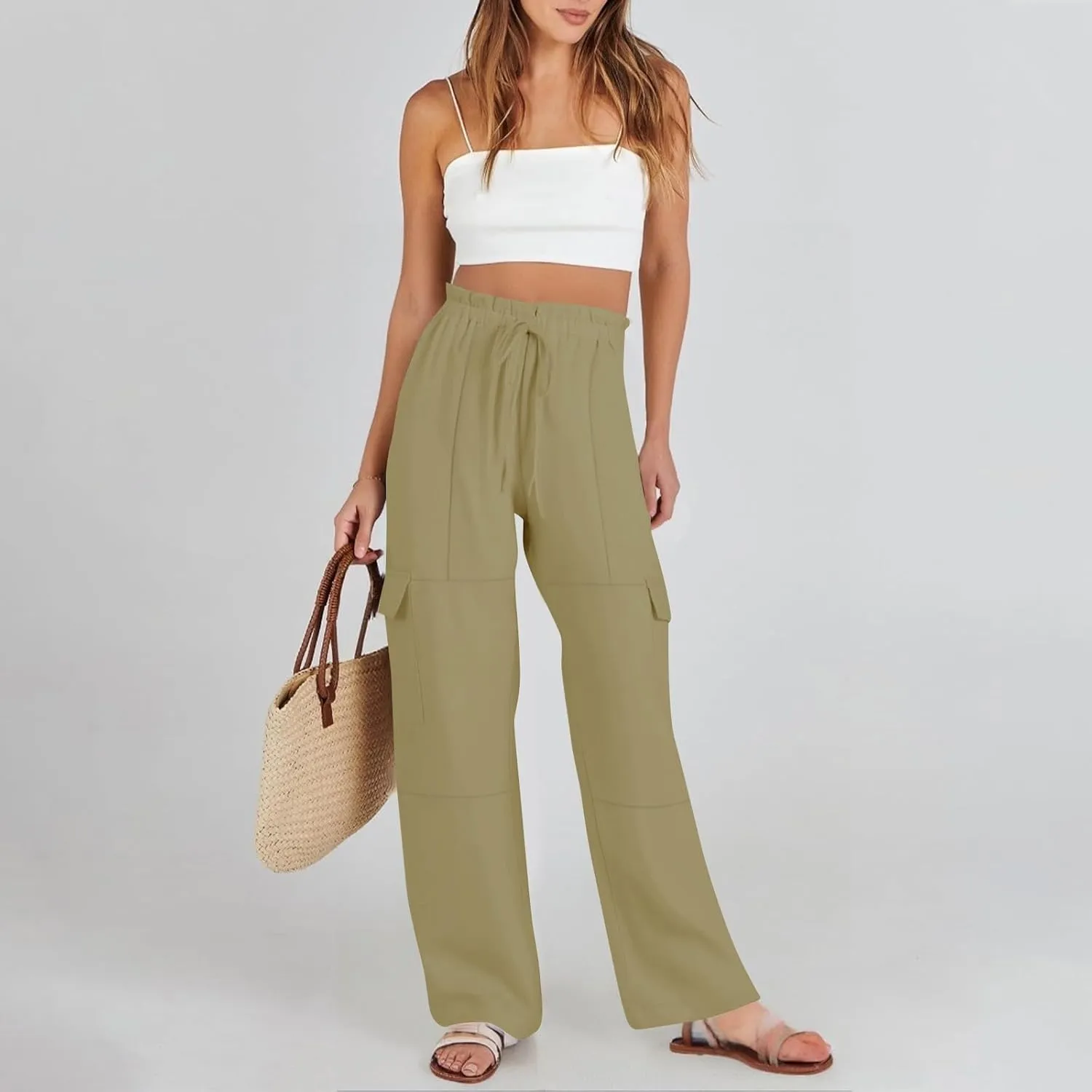 Women Linen Cargo Pants Casual Summer Elastic Waist Palazzo Pants Flowy Beach Trousers with Pockets Vacation Outfits