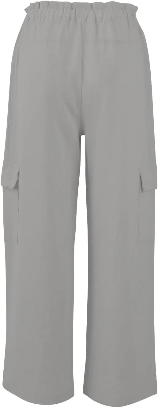 Women Linen Cargo Pants Casual Summer Elastic Waist Palazzo Pants Flowy Beach Trousers with Pockets Vacation Outfits