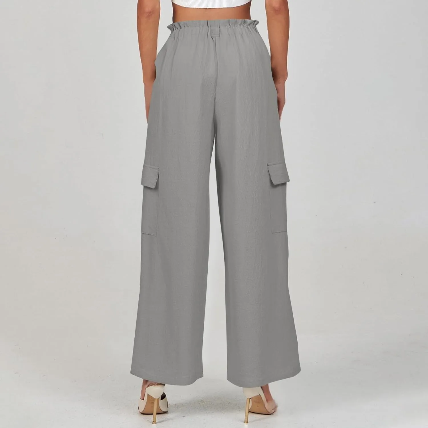 Women Linen Cargo Pants Casual Summer Elastic Waist Palazzo Pants Flowy Beach Trousers with Pockets Vacation Outfits