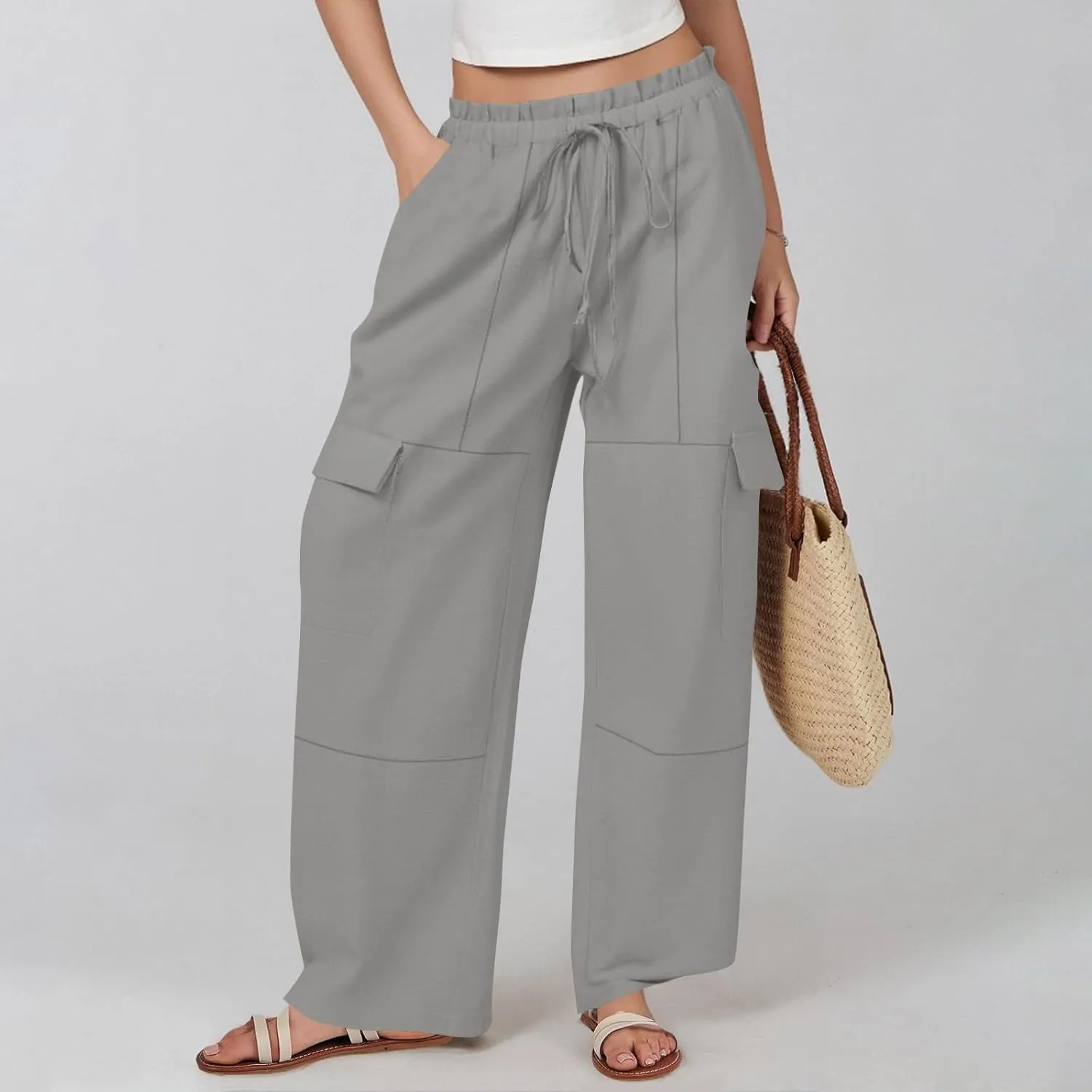 Women Linen Cargo Pants Casual Summer Elastic Waist Palazzo Pants Flowy Beach Trousers with Pockets Vacation Outfits