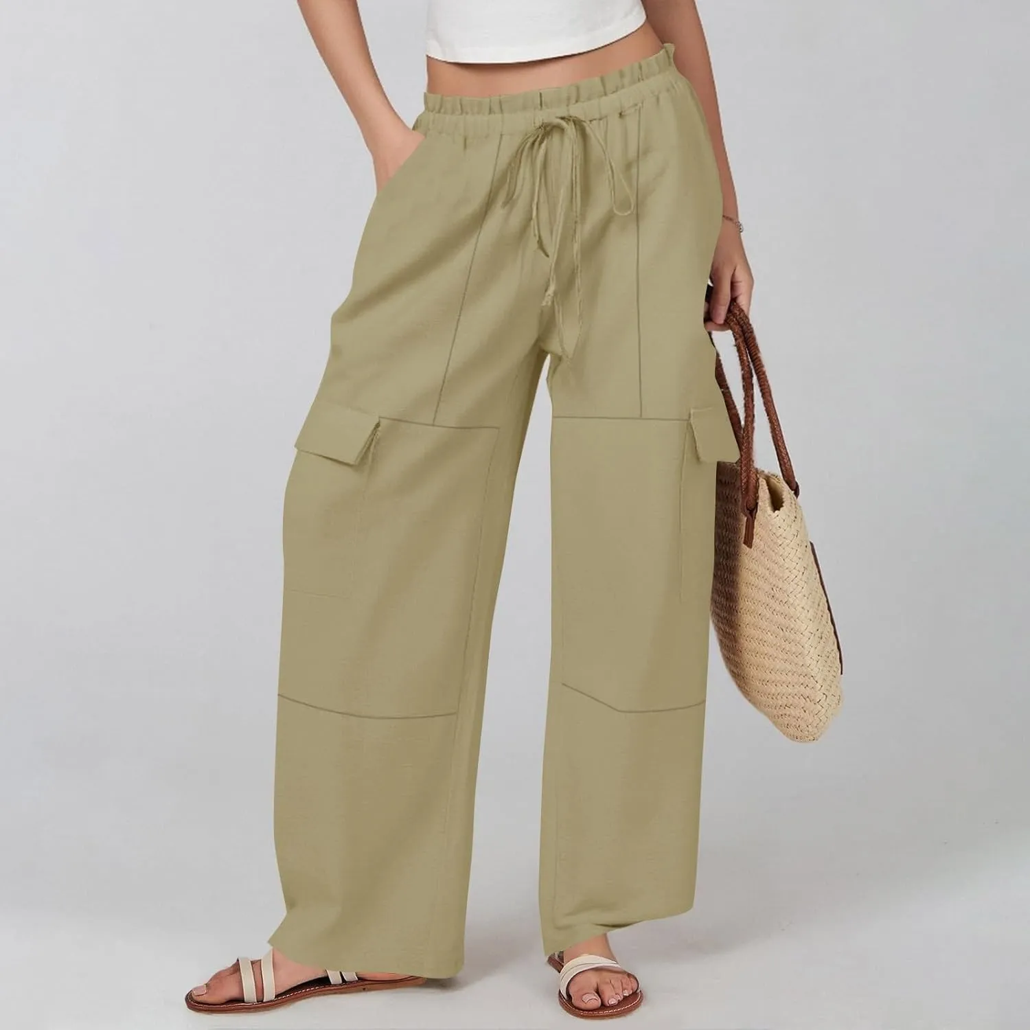 Women Linen Cargo Pants Casual Summer Elastic Waist Palazzo Pants Flowy Beach Trousers with Pockets Vacation Outfits