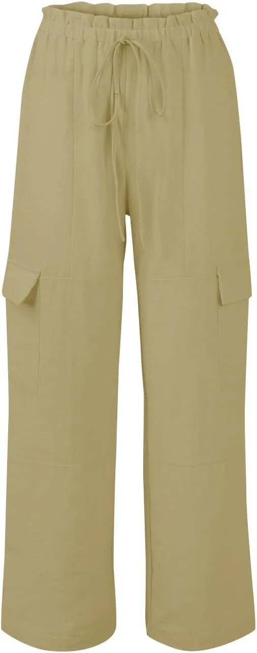 Women Linen Cargo Pants Casual Summer Elastic Waist Palazzo Pants Flowy Beach Trousers with Pockets Vacation Outfits