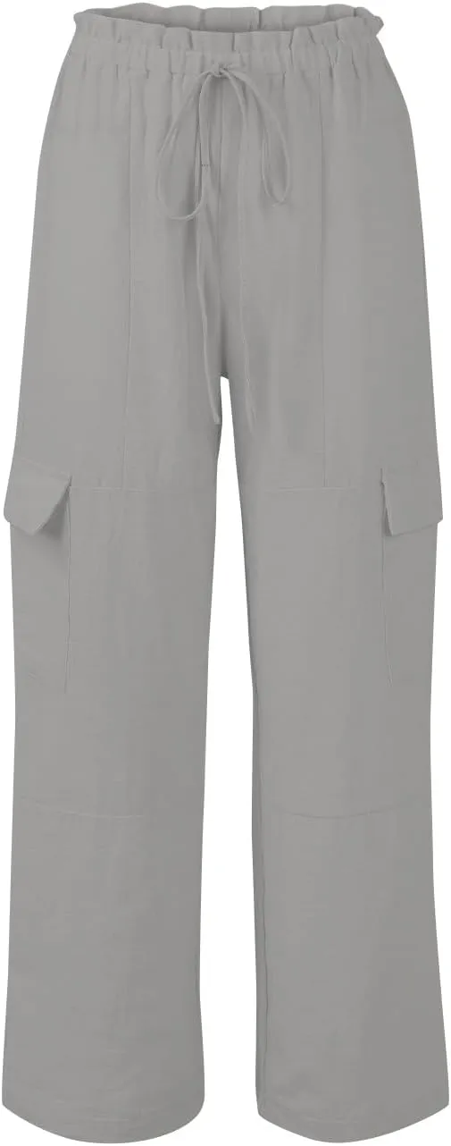 Women Linen Cargo Pants Casual Summer Elastic Waist Palazzo Pants Flowy Beach Trousers with Pockets Vacation Outfits