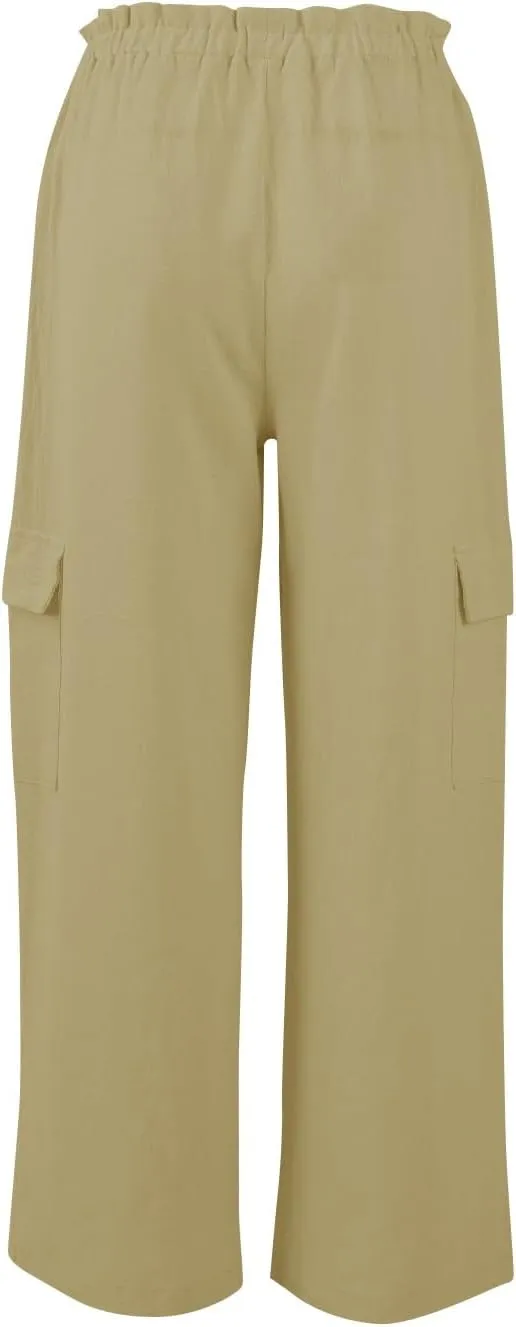 Women Linen Cargo Pants Casual Summer Elastic Waist Palazzo Pants Flowy Beach Trousers with Pockets Vacation Outfits