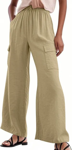 Women Linen Cargo Pants Summer Casual High Waisted Wide Leg Pants Flowy Beach Trousers with Pockets Vacation Outfits