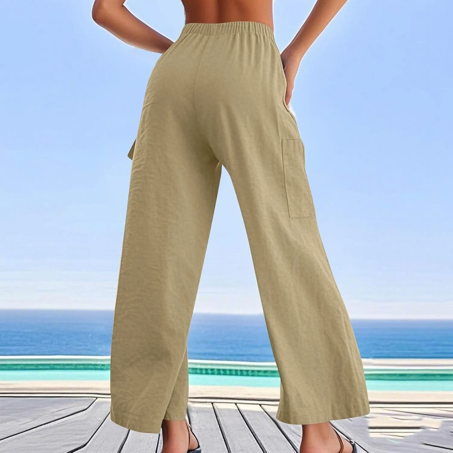 Women Linen Cargo Pants Summer Casual High Waisted Wide Leg Pants Flowy Beach Trousers with Pockets Vacation Outfits