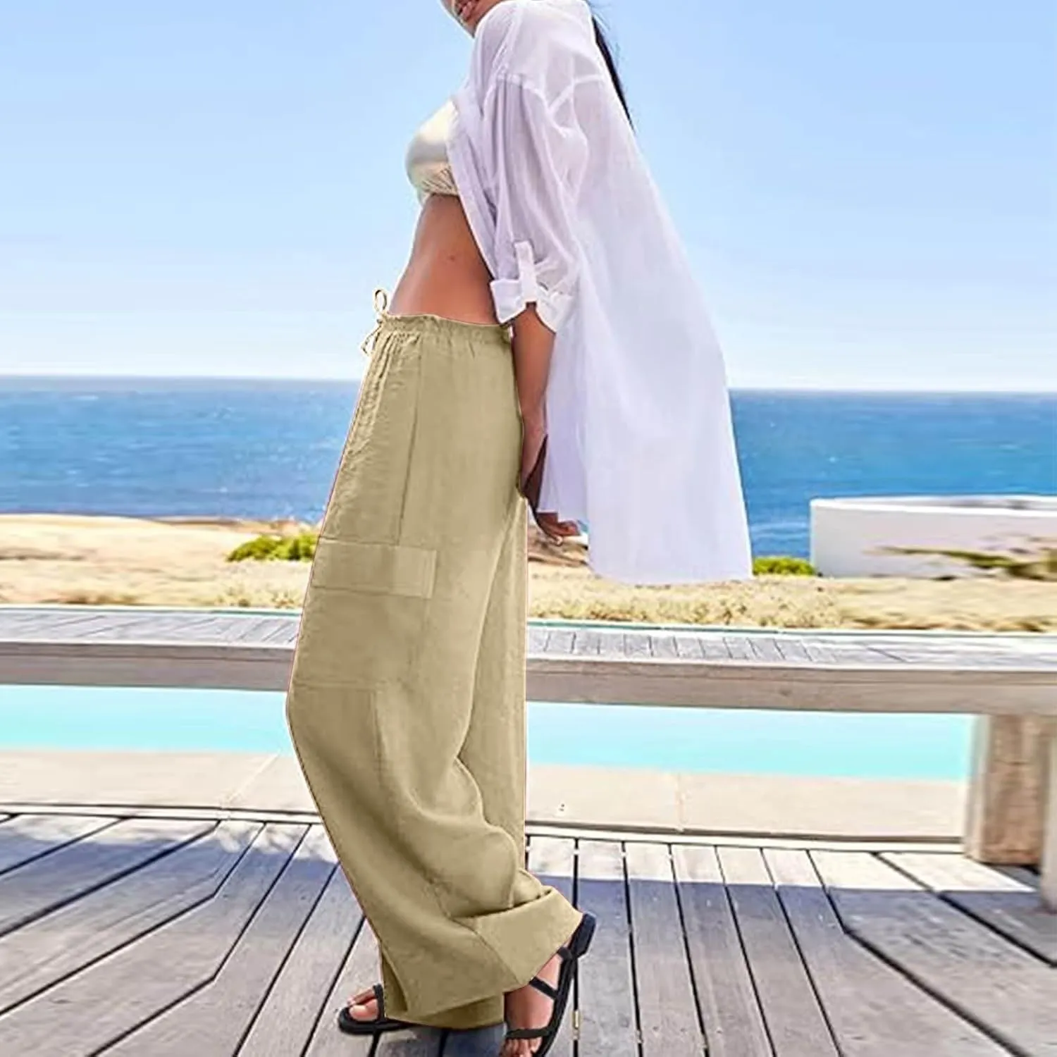 Women Linen Cargo Pants Summer Casual High Waisted Wide Leg Pants Flowy Beach Trousers with Pockets Vacation Outfits