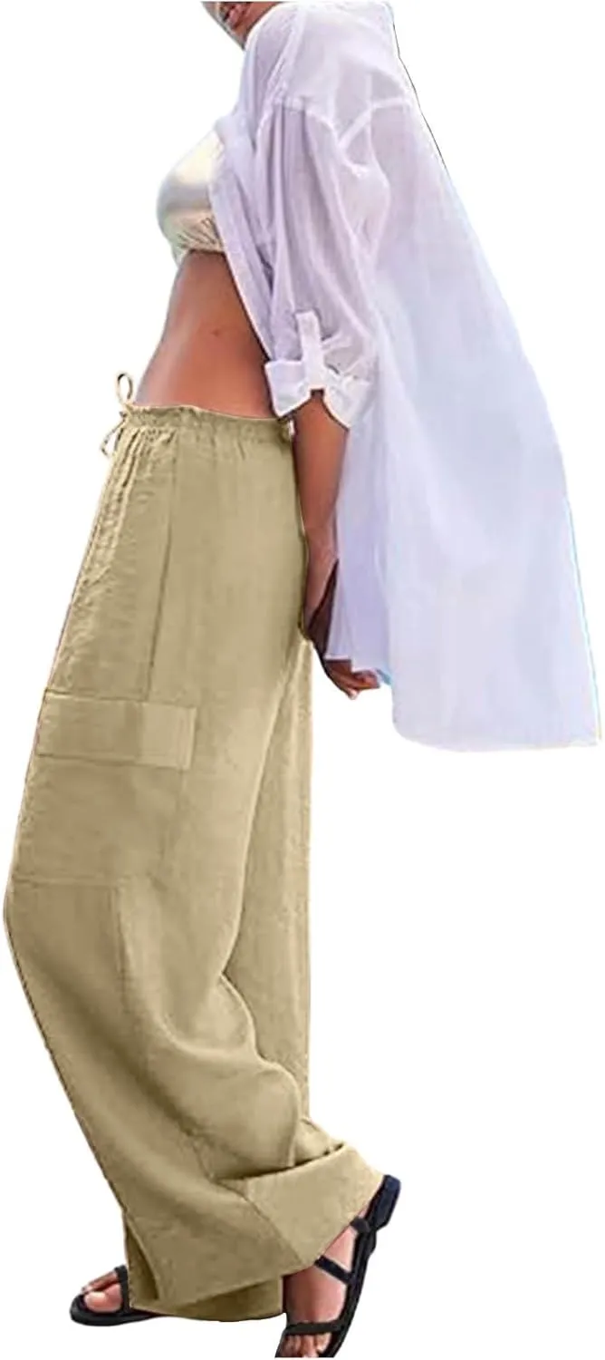 Women Linen Cargo Pants Summer Casual High Waisted Wide Leg Pants Flowy Beach Trousers with Pockets Vacation Outfits