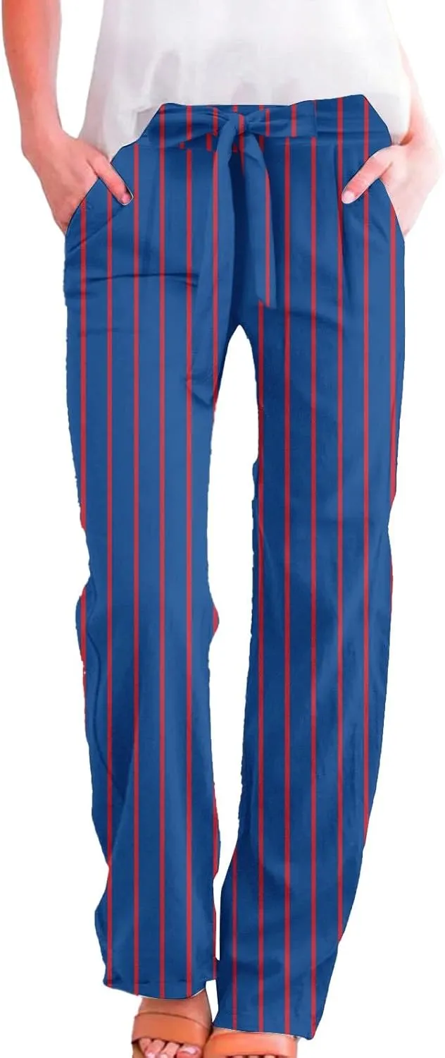 Women Linen Pants Drawstring Striped with Pockets- Trendy Trousers Gauze Sweat Pants Lounge for Women Wide Leg