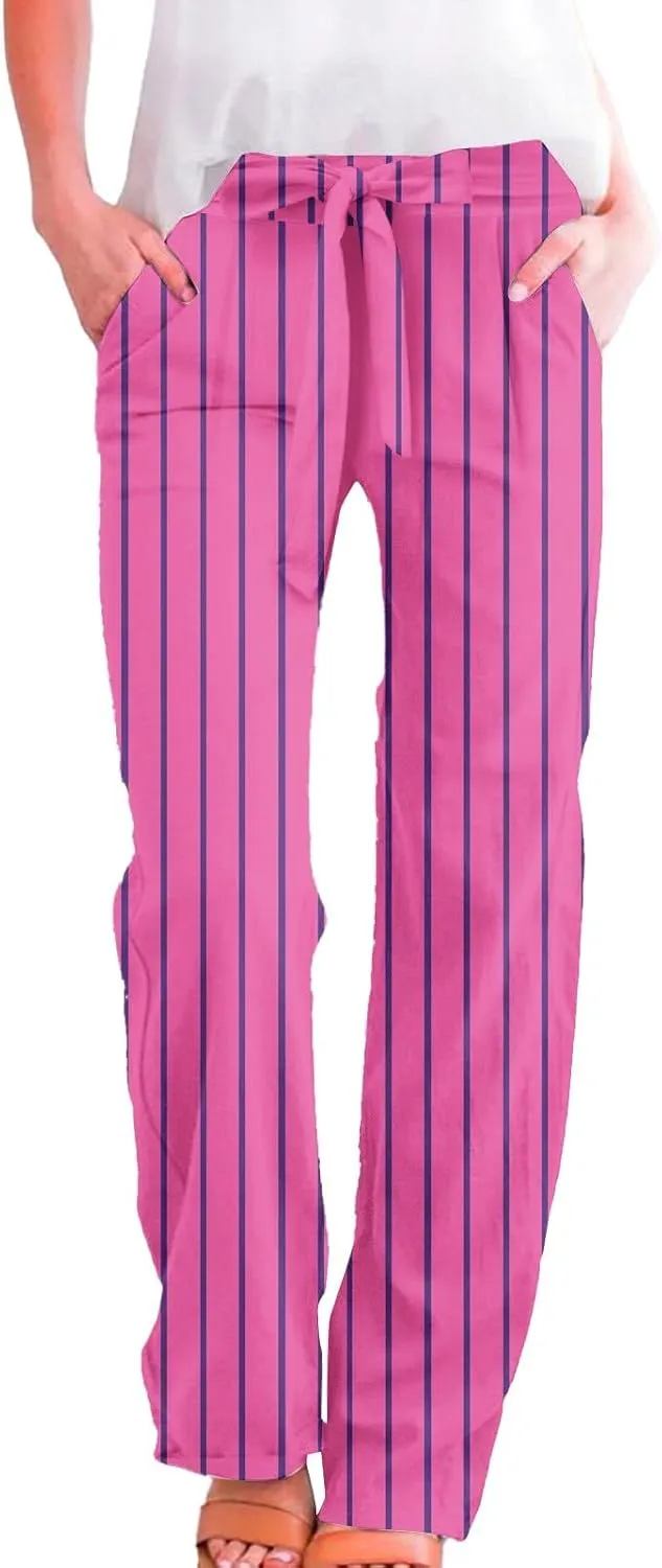 Women Linen Pants Drawstring Striped with Pockets- Trendy Trousers Gauze Sweat Pants Lounge for Women Wide Leg