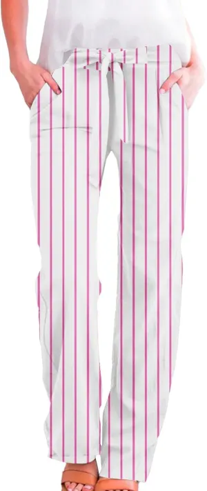 Women Linen Pants Drawstring Striped with Pockets- Trendy Trousers Gauze Sweat Pants Lounge for Women Wide Leg