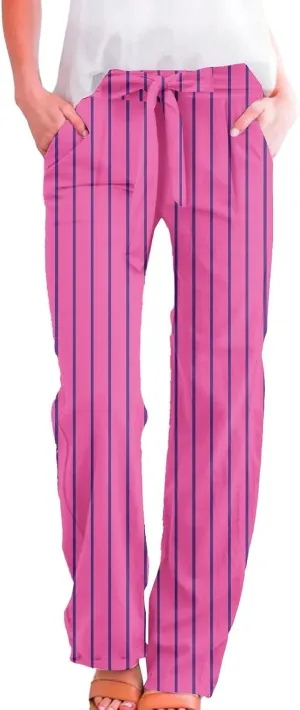 Women Linen Pants Drawstring Striped with Pockets- Trendy Trousers Gauze Sweat Pants Lounge for Women Wide Leg