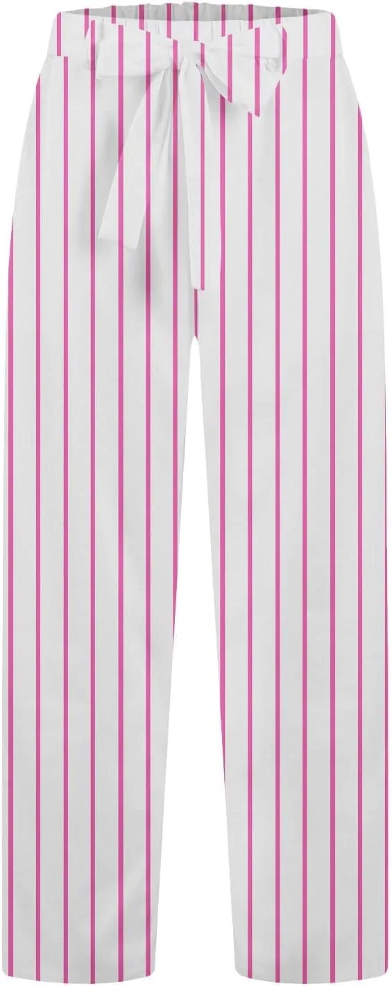 Women Linen Pants Drawstring Striped with Pockets- Trendy Trousers Gauze Sweat Pants Lounge for Women Wide Leg