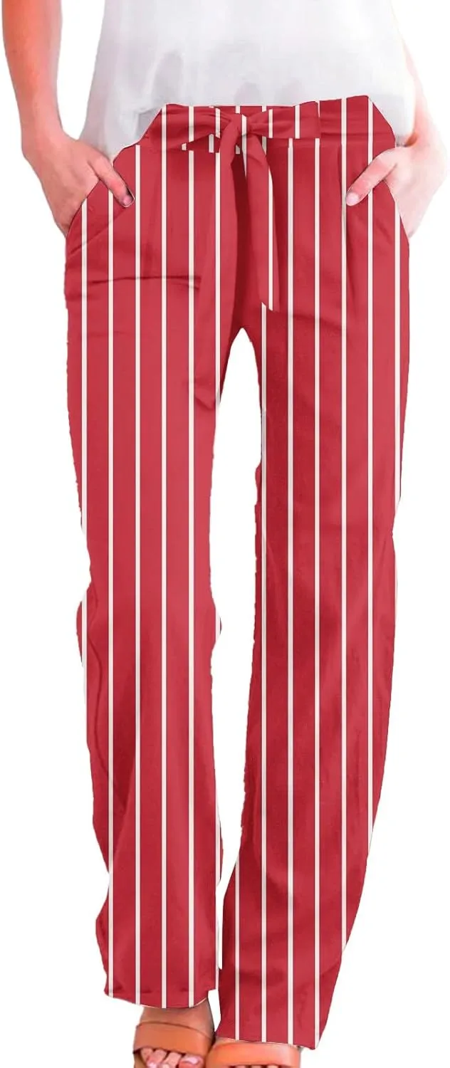 Women Linen Pants Drawstring Striped with Pockets- Wide Leg Sweat Pants Trousers Trendy Lounge Gauze for Women