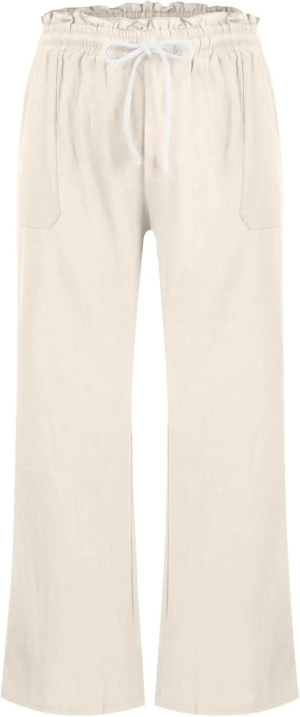 Women Linen Pants Pants Drawstring Striped with Pockets- Trousers Lounge Gauze Sweat Wide Leg for Women Trendy