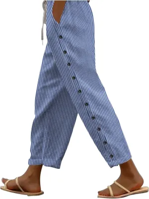 Women Linen Pants Pants Sweat Drawstring Striped with Pockets- Trendy Trousers Lounge Gauze Wide Leg for Women