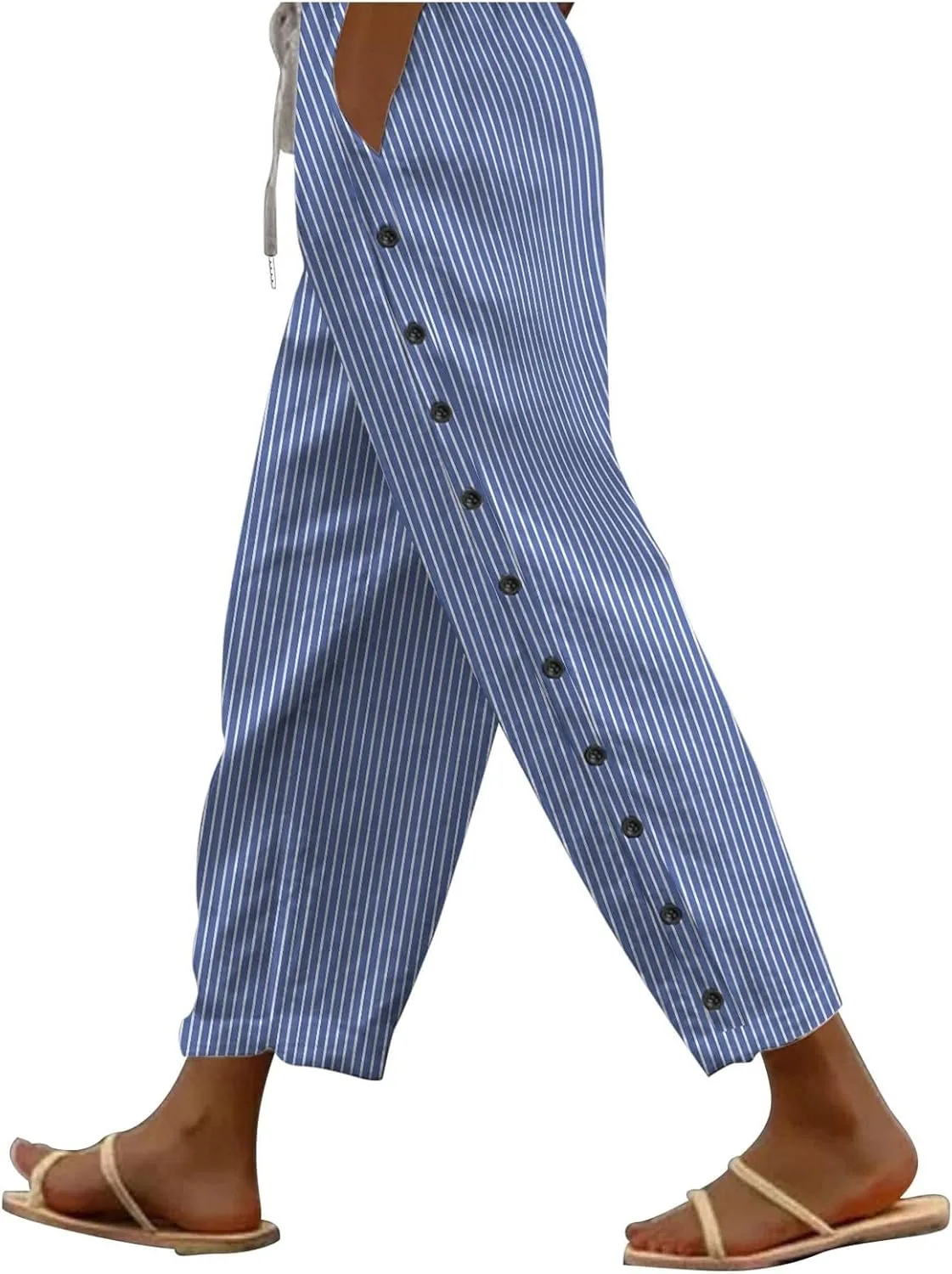 Women Linen Pants Pants Sweat Drawstring Striped with Pockets- Trendy Trousers Lounge Gauze Wide Leg for Women