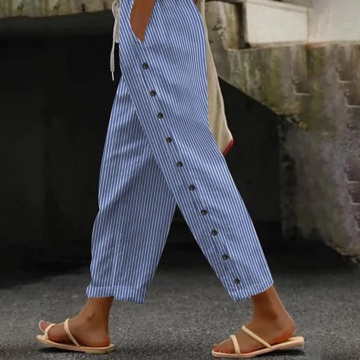 Women Linen Pants Pants Sweat Drawstring Striped with Pockets- Trendy Trousers Lounge Gauze Wide Leg for Women