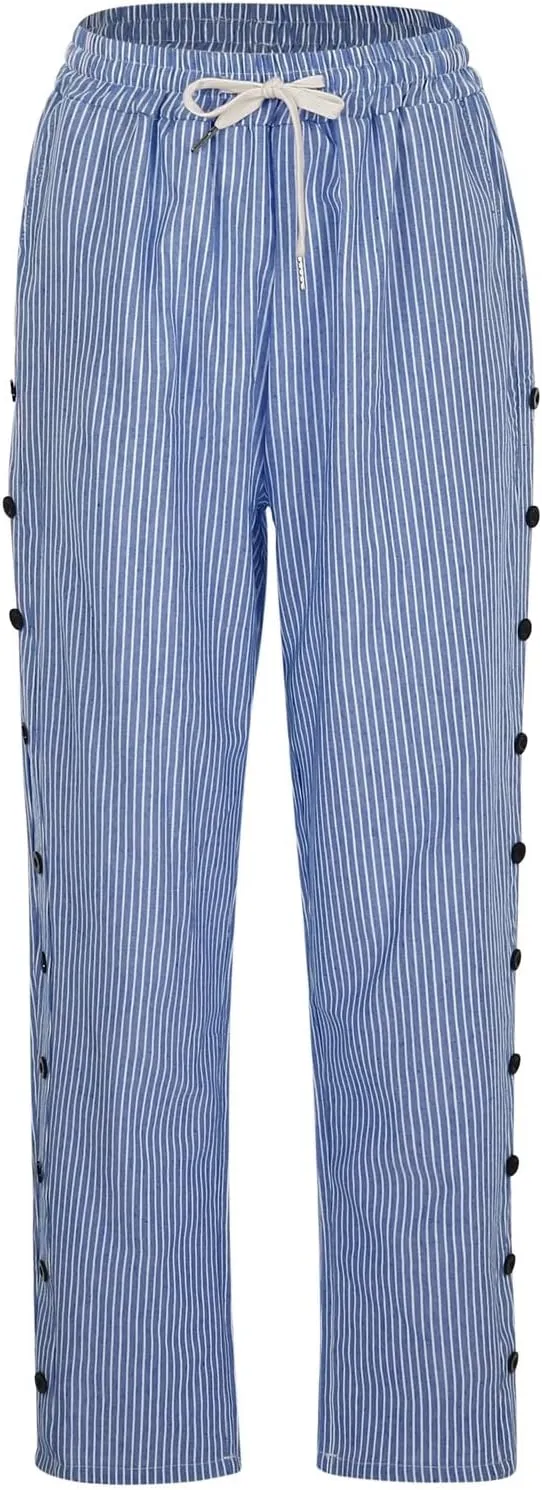 Women Linen Pants Pants Sweat Drawstring Striped with Pockets- Trendy Trousers Lounge Gauze Wide Leg for Women