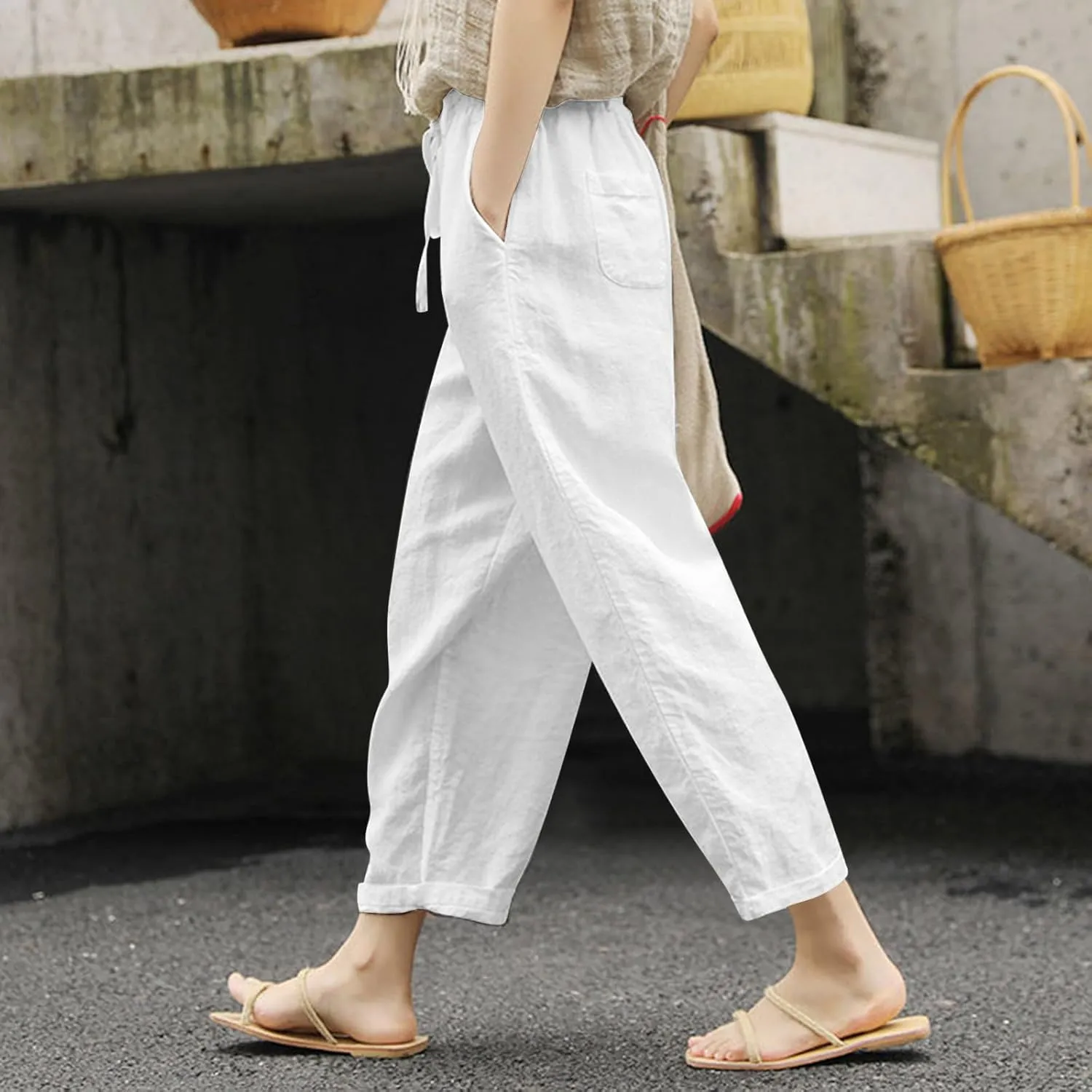 Women Linen Pants Summer Casual Drawstring Pants Plus Size Beach Boho Slacks Lightweight Comfy Workout Crop Trousers
