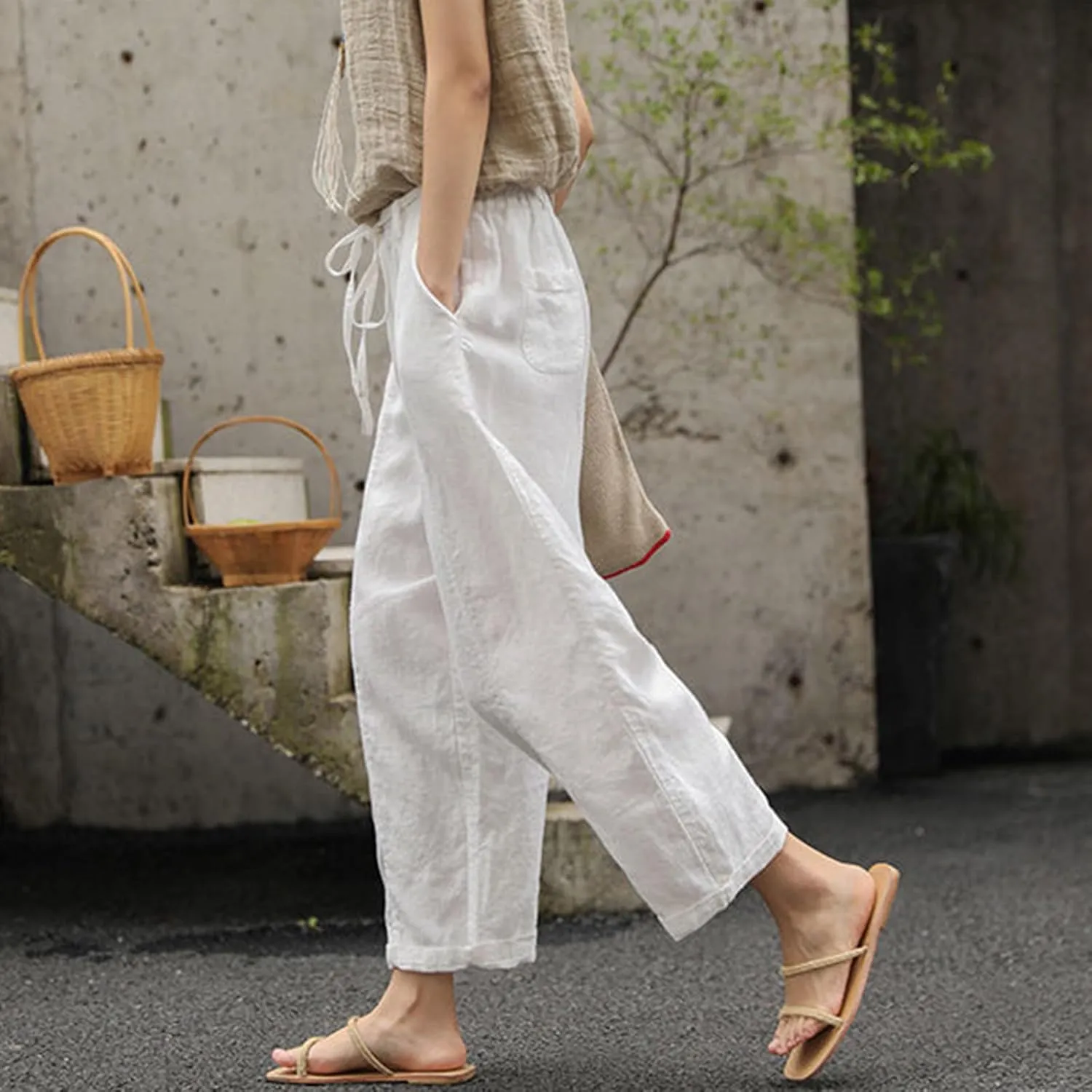 Women Linen Pants Summer Casual Drawstring Pants Plus Size Beach Boho Slacks Lightweight Comfy Workout Crop Trousers