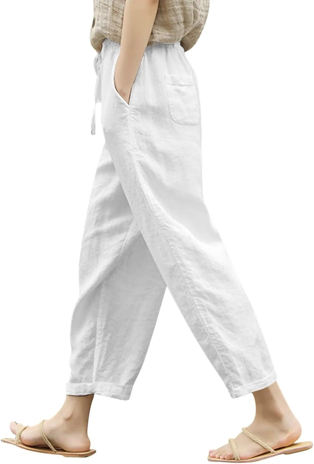 Women Linen Pants Summer Casual Drawstring Pants Plus Size Beach Boho Slacks Lightweight Comfy Workout Crop Trousers
