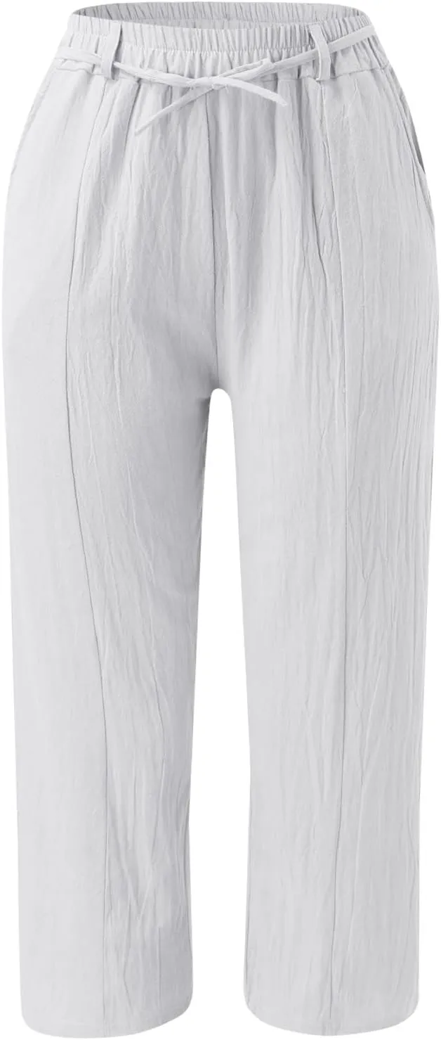 Women Linen Pants Summer Casual Drawstring Pants Plus Size Beach Boho Slacks Lightweight Comfy Workout Crop Trousers