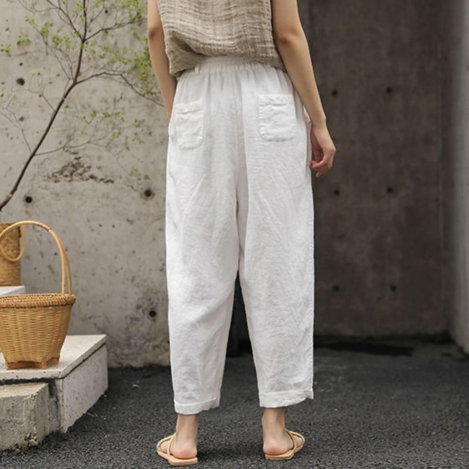 Women Linen Pants Summer Casual Drawstring Pants Plus Size Beach Boho Slacks Lightweight Comfy Workout Crop Trousers