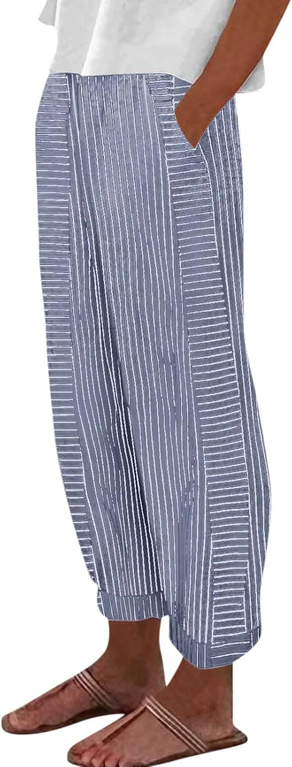Women Linen Pants Sweat Drawstring Striped with Pockets- Lounge Trendy Trousers Gauze Pants Wide Leg for Women