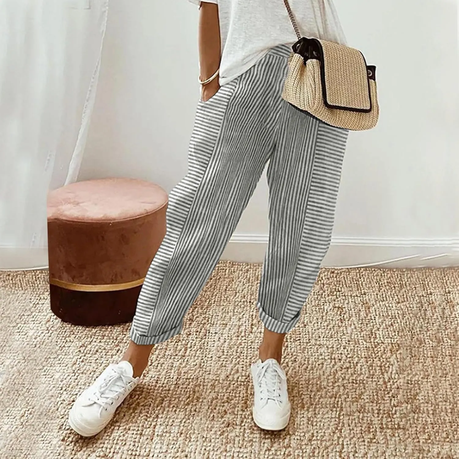 Women Linen Pants Sweat Drawstring Striped with Pockets- Lounge Trendy Trousers Gauze Pants Wide Leg for Women