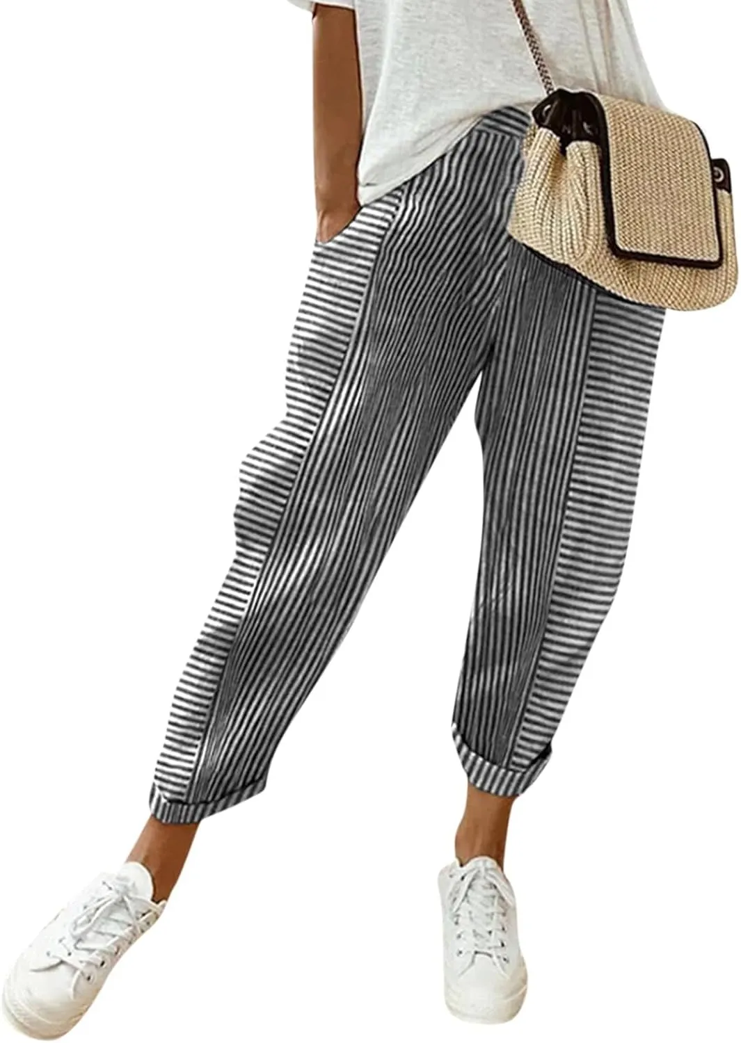 Women Linen Pants Sweat Drawstring Striped with Pockets- Lounge Trendy Trousers Gauze Pants Wide Leg for Women