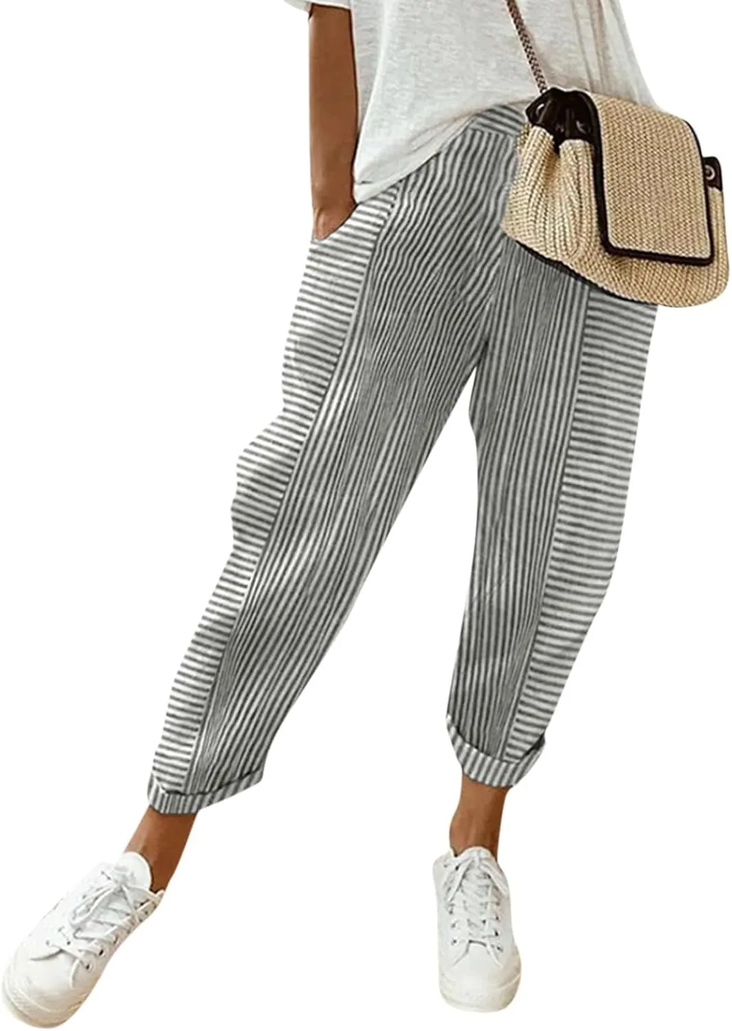 Women Linen Pants Sweat Drawstring Striped with Pockets- Lounge Trendy Trousers Gauze Pants Wide Leg for Women
